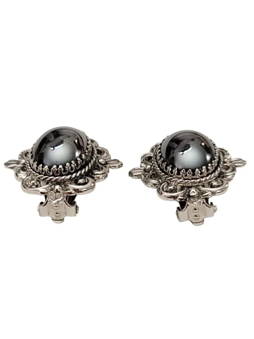 Whiting & Davis Co. Silver Tone Glass Cab Clip-On Earrings, Signed K178
